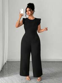 SHEIN Elenzya Women's Round Neck Backless Leopard Print Tie Waist Flutter Sleeve Jumpsuit, Casual/Holiday/Date/Commute Loose Wide Leg Pants Women's Jumpsuits Elegant Jumpsuits Palazzo Jumpsuit Sleeveless Jumpsuit Black Jumpsuit Flare Jumpsuit - Black - View 4