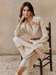 Anewsta 春夏沙滩套装，低饱和度扎染简约印花杏色长袖上衣和裤子两件套，休闲度假 - 杏色 - 查看 7