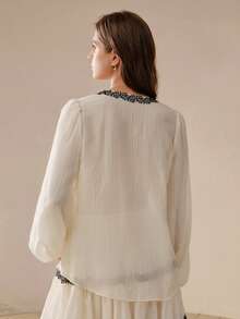 MOTF PREMIUM WOMEN'S V-NECK LONG SLEEVE LACE CONTRAST COLOR RAYON FABRIC FRENCH ELEGANT CHIC LIGHTWEIGHT SEXY BLOUSE, SPRING/SUMMER - Apricot - View 3