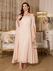SHEIN Elenzya Conjunto de 2 peças com ombros à mostra, com pérolas artesanais e pregas plissadas, elegante, tamanho padrão feminino - Damasco - Visão 7