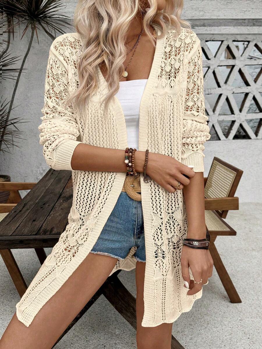 SHEIN LUNE Women's Casual Vacation Hollow-Out Knit Cardigan - Apricot - View 1
