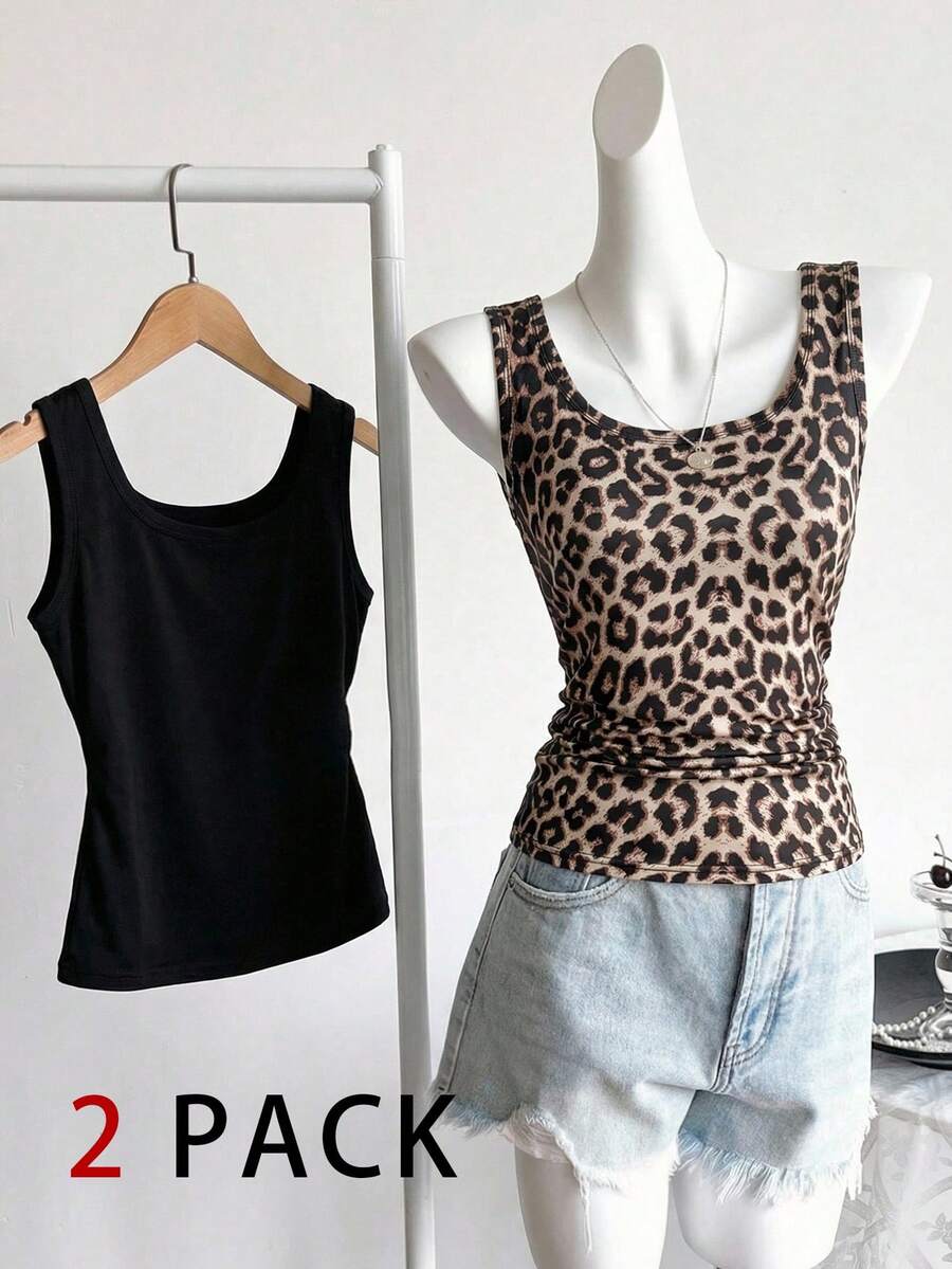2pcs Teen Girls' Leopard Print & Solid Color Sleeveless Crop Top, Casual Fitted Tank Top For Summer Daily Wear, Sports, Fitness - Multicolor - View 1