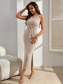 SHEIN Women Solid Ribbed Knit Sleeveless Tie Front Nursing Maternity Dress - Khaki - View 7