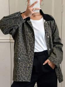 DAZY Women's Leopard Print Denim Button Jacket - Brown - View 6