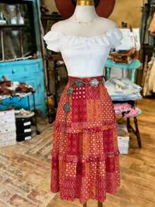 SHEIN LUNE 女士春夏休闲波西米亚风多色菱形图案层叠荷叶边A字裙 - 彩色 - 查看 3
