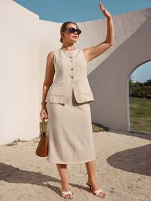 Juhart Plus Size Women's Early Spring Apricot Casual Minimalist Vacation Style Linen Cardigan & Midi Skirt 2-Piece Set Zanea Dress For Woman Linen Outfits For Women Business Casual Women Co Ords Zante Holiday Outfit Business Casual Outfit Women - Apricot - View 4