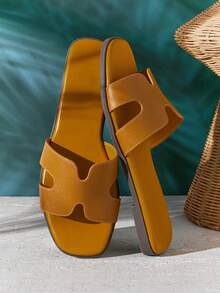 SHUZIA All-Time Bestseller Women's Luxe-Inspired Harness Cutout Open Toe Minimalist Palm Print Pu Mustard Slides Spring Shoes Spring Break Easter Vacation Shoes Casual Shoes Beach Shoes Mother's Day Present Valentine's Day - Mustard Yellow - View 1