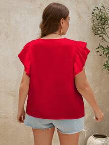 SHEIN Clasi 大码女式夏季简约纯色圆领荷叶边下摆上衣 - 紅色 - 查看 2