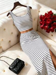 Flirla Striped Print Tank Top & Split Hem Skirt - Black and White - View 7