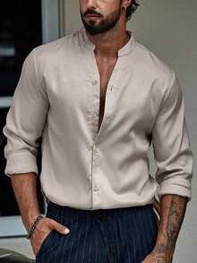 Manfinity Homme Men Solid Button Up Shirt Without Tee, For Fall, Long Sleeve Top - Apricot - View 3