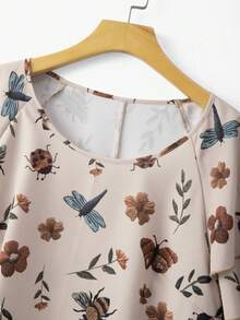 Linhara Plus Size Women Insect & Floral Print Round Neck Double Layer Ruffle Sleeve Loose Casual Everyday Blouse, Summer New - Multicolor - View 5