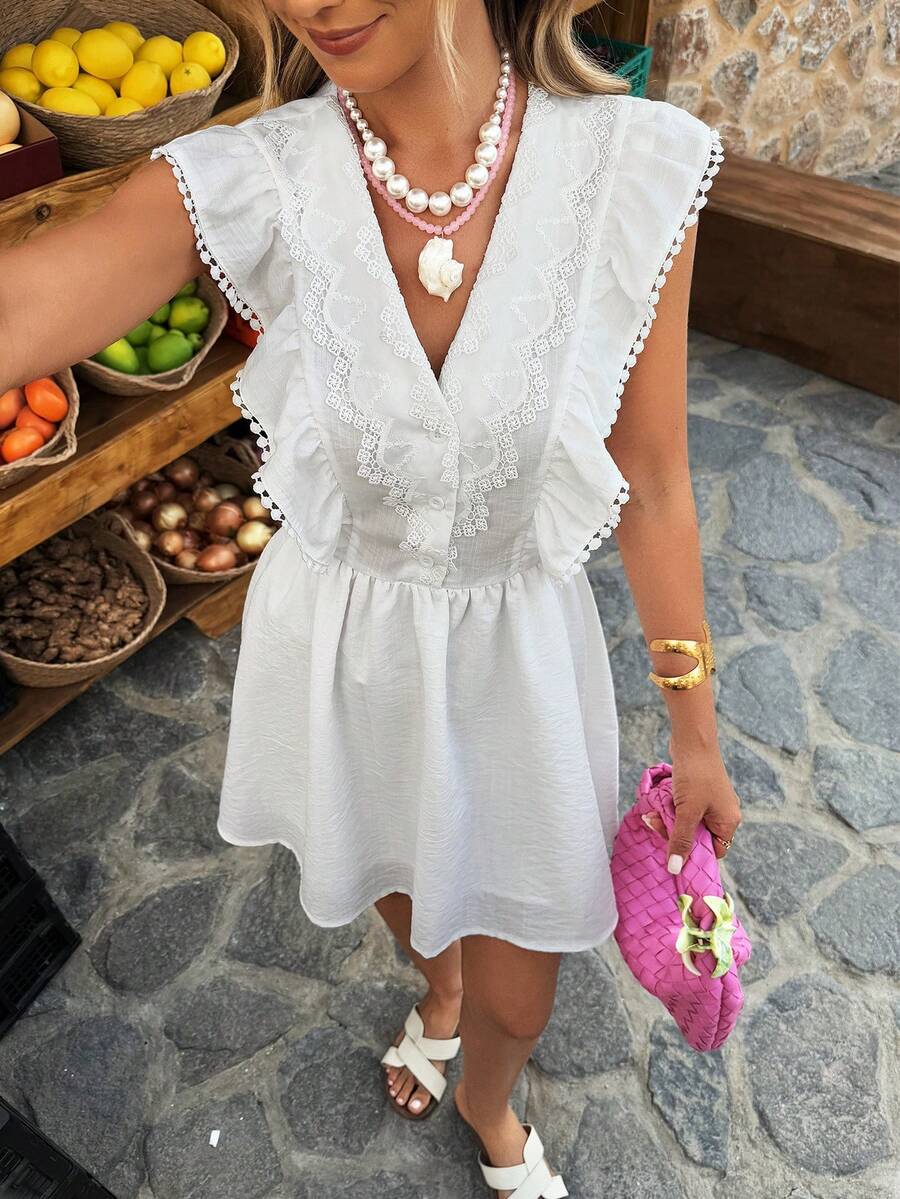 Selianne 春夏女式法式V领荷叶边A字连衣裙，完美适用于法国度假、日常穿着和约会。一款时尚新款连衣裙。 - 白色 - 查看 1