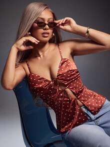 Denimoi 不对称系带缎面波点吊带背心 性感上衣 约会之夜上衣 GNO 巴黎时尚 - 棕色 - 查看 1