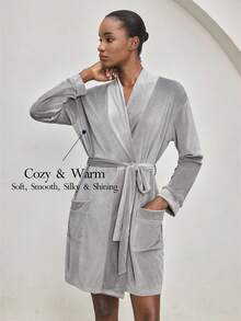 Ocili Women's Silky Gray Comfortable Velvet Loose Belted Mid-Length Robe, Sleepwear - Grey - View 1