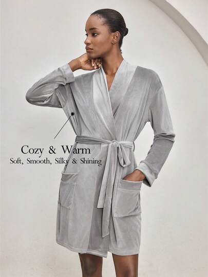 Ocili Women's Silky Gray Comfortable Velvet Loose Belted Mid-Length Robe, Sleepwear