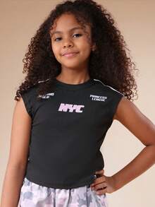 SUMWON Tween NYC Graphic T-Shirt With Camouflage Wide Leg Pants Co-Ord Set Cap Sleeve Crew Neck Casual Outfit Vacation - Multicolor - View 3