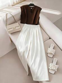 GlowEve CURVE 大码时尚休闲法式复古优雅通勤圆领上衣和裤子两件套 - 咖啡棕 - 查看 2