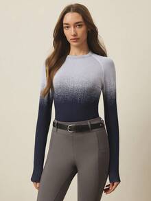 SHEIN With My Calm 1pc Women's Equestrian Wear, Outdoor Round Neck Seamless Knit Tight Fit Riding Long Sleeve Sportswear - Blue and White - View 4