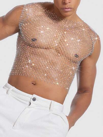 Manfinity AFTRDRK Regular Style Silver Fishnet Decor Sheer Sexy Men Tank Top
