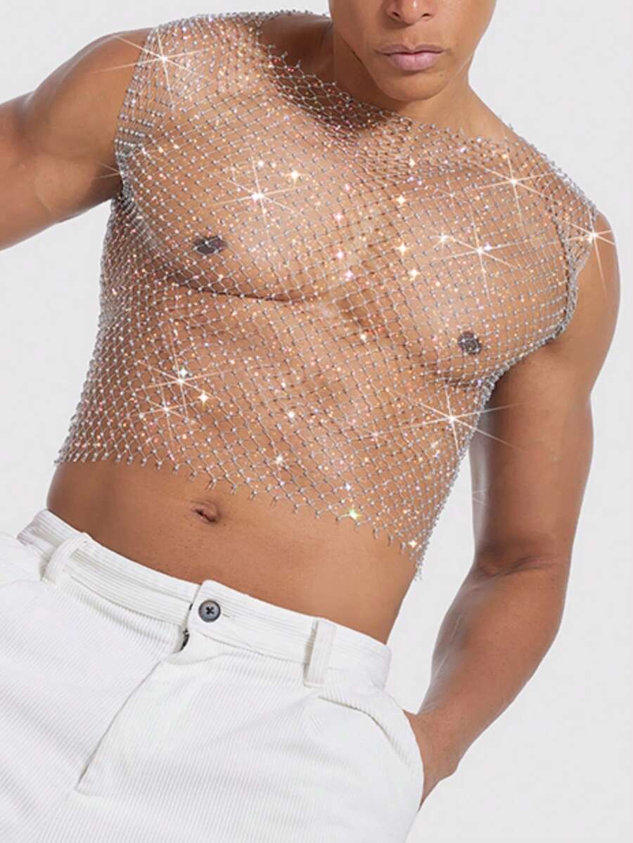 WENEZON 男士正裝款銀色魚網飾透視性感背心 亮片水鑽魚網上衣 閃亮男款上衣 假日穿搭 - 銀色 - 查看 1