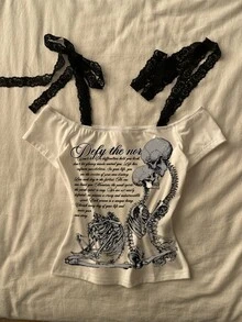 Attitoon 女士休闲复古蕾丝系带修身T恤，骷髅印花，适合Y2K、复古、Grunge、Y2K、夏季风格 - 白色 - 查看 6