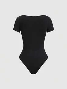 Sweetra 3pcs/Set Bodysuit Wanita Musim Panas Basic Sehari-hari Slim Fit Leher Persegi Lengan Pendek, Aprikot, Cokelat Kopi dan Hitam, Minimalis Serbaguna untuk Perjalanan Sehari-hari - MultiWarna - View 8