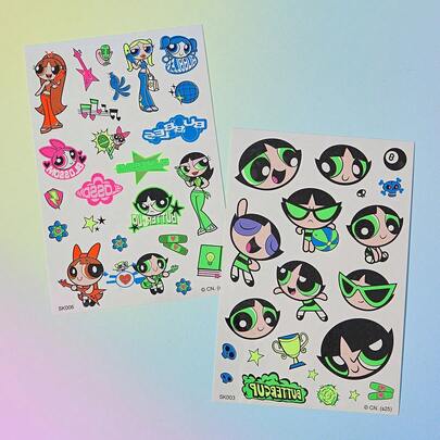 FanGlow THE POWERPUFF GIRLS X SHEIN 2 tờ hình xăm dán tạm thời, bền và dễ dán, thích hợp cho trang điểm nghệ thuật trên mặt, tay, lưng và chân, hoàn hảo cho trang trí tiệc.