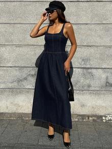 DAZY Vestido vaquero largo sin mangas y lavado casual para mujer - Azul - Ver 7