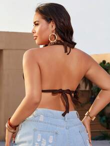 Swim Vcay 2026新款大码女士优雅甜美泳装上衣，褶皱荷叶边棕色优雅大码泳装上衣，简约基础款三角杯大码泳装上衣，适合海滩度假 - 棕色 - 查看 3