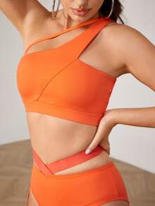 Menodora SHEIN Sport Damen asymmetrisches Top mit ausgeschnittenem Ausschnitt und engen ärmellosen Ärmeln, geeignet für Pole-Tanz und Tanzen - Koralle Orange - Übersicht 5