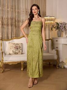 Elenzga Elegant Women Jacquard Slip Dress With Shawl Robe Set, Suitable For Commuting And Parties - Green - View 6