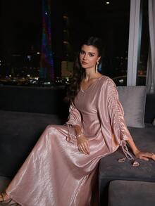 Al Najma Fashionable Elegant V-Neck Batwing Sleeve Ruched Long Dress, Spring/Summer Pink Metallic Kaftan Luxury Kaftan Dress For Evening Party/Wedding Guest/Anniversary Formal Elegant Party Uxury Evening Dresses Wedding Party Dress - Pink - View 6