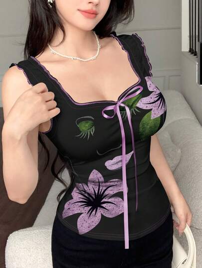 Modelyn Floral & Graphic Print Fitted Camisole Top With Bow Tie, Fashionable Summer Sleeveless Shirt For Women