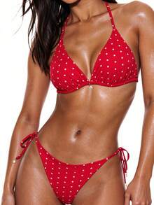 Swim Basics Summer Beach Women's Random Polka Dot Printed Bikini Set - Red - View 1