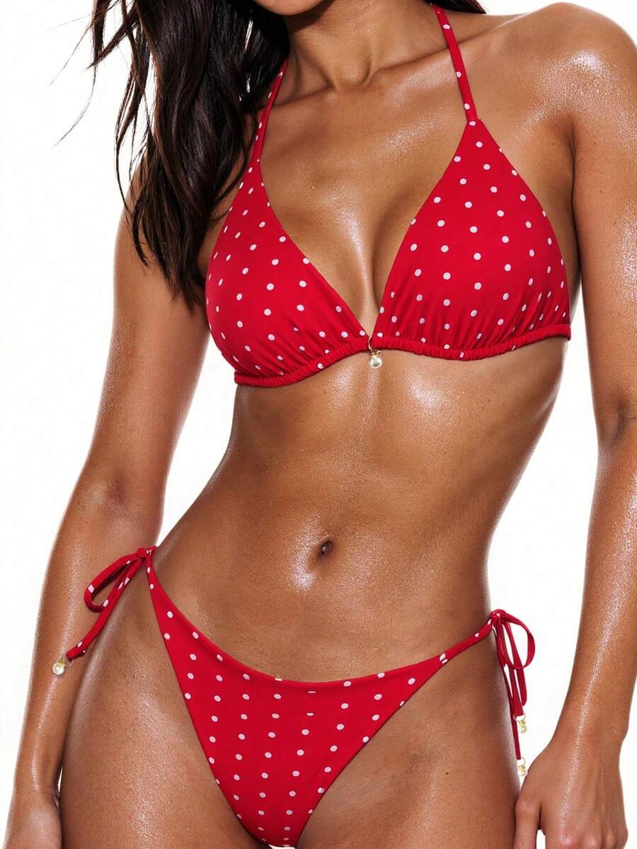 Swim Basics Summer Beach Women's Random Polka Dot Printed Bikini Set - Red - View 1