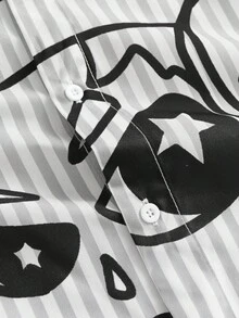 Manfinity Unisex 男士梭织休闲卡通条纹前开襟短袖衬衫，夏季 - 白色 - 查看 5