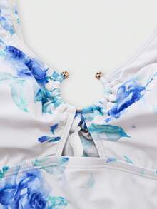 Swim Oasis Plus Size White Ditsy Floral One-Piece Swimsuit With Chiffon Skirt,Boho Flowy Summer Vacation Holiday Tummy Control French Elegant Bathing Suit Sets - Blue and White - View 6