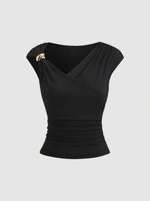 Sweetra 女士纯色三件套，欧美时尚，金属装饰扭结不对称领，修身剪裁，休闲日常，约会通勤皆宜，百搭T恤，春夏款 - 彩色 - 查看 7