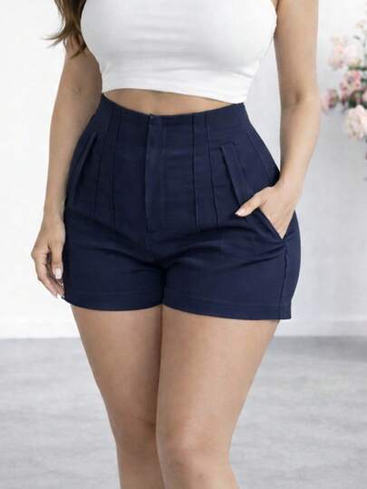 Short Casual para Mujer Tela Elástica.  Tiro Alto y Pinzas al Frente.  Elegante, Oficina.