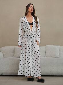 HautHeat Women's Polka Dot Print Drop Shoulder Long Sleeve Casual Robe - Black and White - View 6