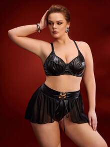 SHEIN 3pcs Women Black PU Leather & Mesh Patchwork Lingerie Set: Bra, Waist Cincher, Panty - Black - View 3