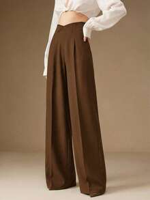 Anewsta High Waist Flared Leg Casual & Work Pants - Brown - View 3