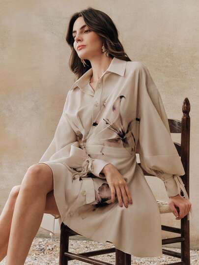  Anewsta 春夏女士粉色系带灯笼袖蝴蝶结通勤优雅扎染印花短裙