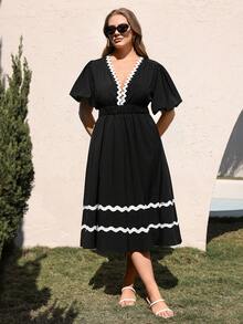 Juhart 大码女式梭织常规早春休闲舒适通勤深V短袖拼接白色蕾丝收腰长款黑色连衣裙 - 黑色 - 查看 3