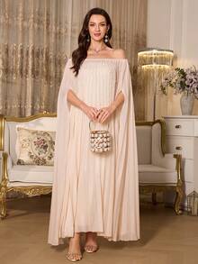 SHEIN Elenzya Conjunto de 2 peças com ombros à mostra, com pérolas artesanais e pregas plissadas, elegante, tamanho padrão feminino - Damasco - Visão 6