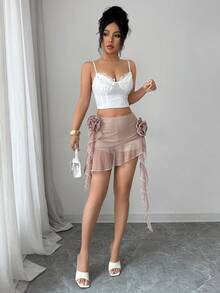 SHEIN Raffinéa 网眼高弹针织拼接3D立体花卉纯色修身3D手工串珠花卉荷叶边不对称下摆假日度假约会优雅性感Y2K浪漫春夏女式迷你裙/短裤 - 杏色 - 查看 4
