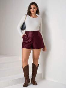 Chikora Plus Size Solid Color Pleated Casual Versatile Shorts - Burgundy - View 5