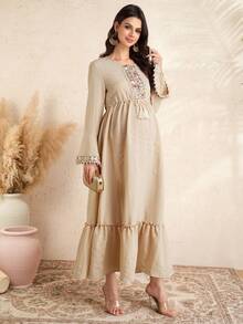 Momance Women's Solid Color Open Front Long Elegant Dress With Pearl Ribbon And Button Decor, Maternity Friendly - Apricot - View 6