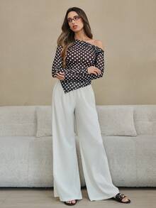 HautHeat 女士波点印花不对称下摆长袖上衣和裤子睡衣套装 - 黑與白 - 查看 3