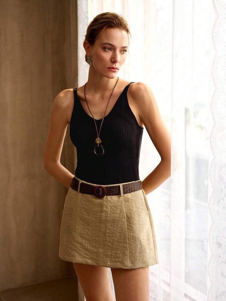 WOVEN BELT DECOR LINEN SKORT, VINTAGE STYLE, SPRING/SUMMER